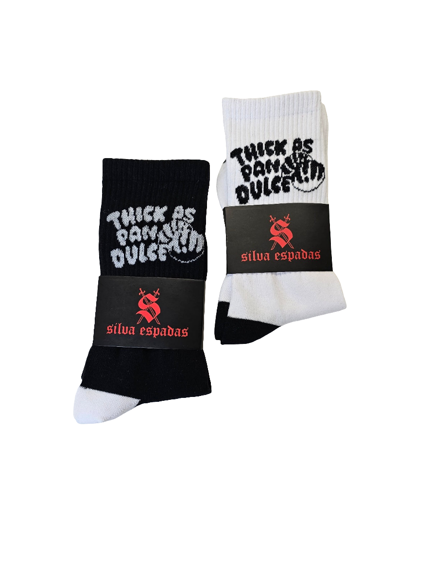 Silva Espadas packaging for Thick As Pan Dulce Crew Socks – premium Latino streetwear apparel