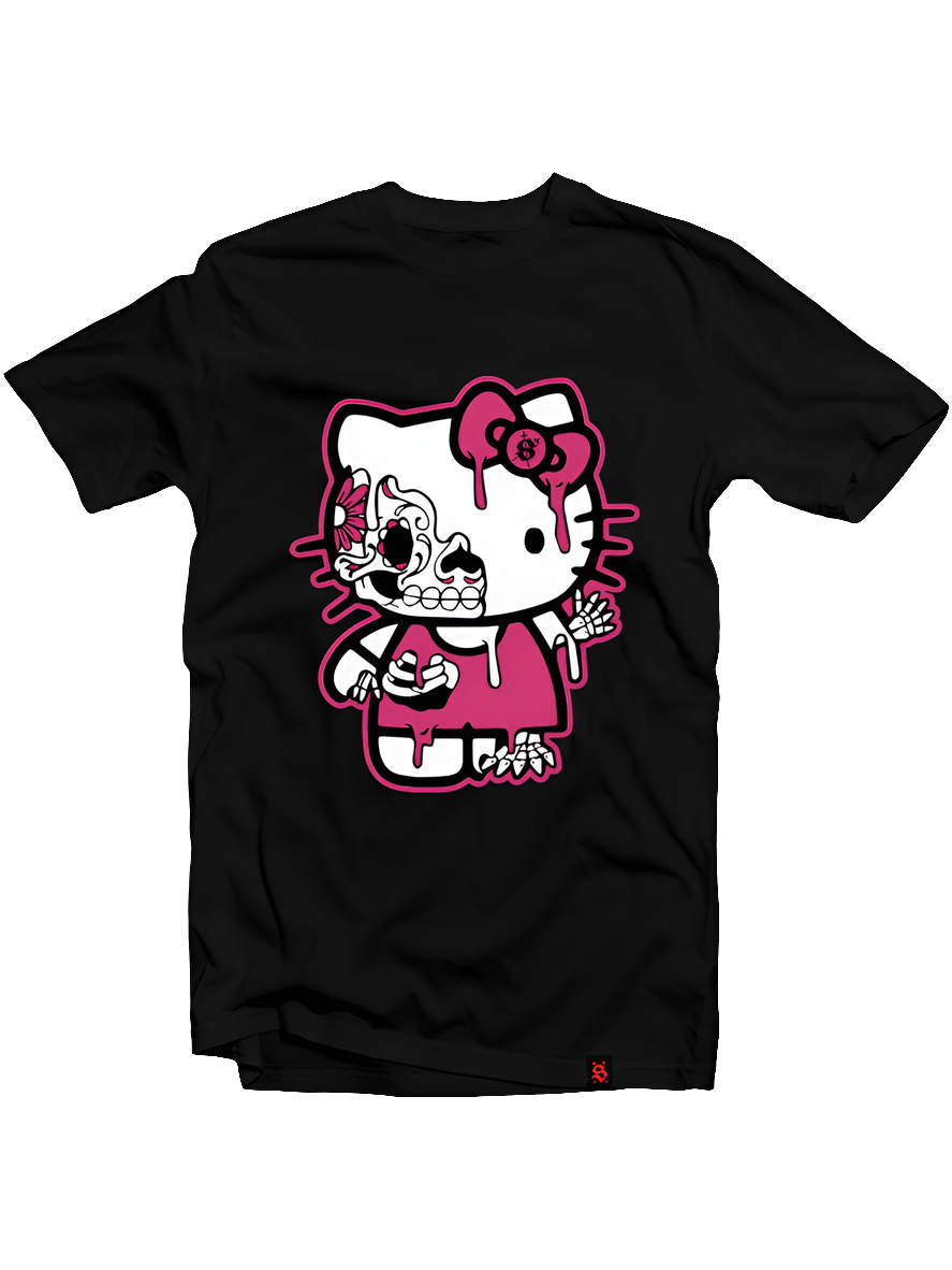 A black t-shirt featuring a screen printed design of a character resembling Hello Kitty with a dia de los muertos skull face, wearing a pink bow.