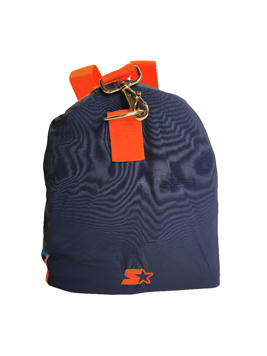 A multicolored handmade duffle bag with Detroit Tigers and Starter brand branding and an orange strap.