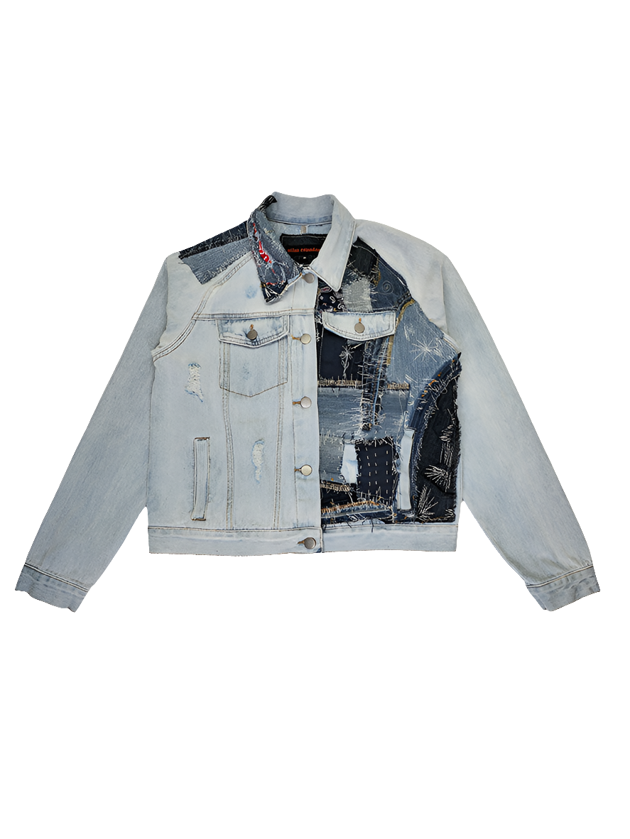 Cropped women’s patchwork denim jacket made from repurposed jeans with mixed wash panels and button-up front