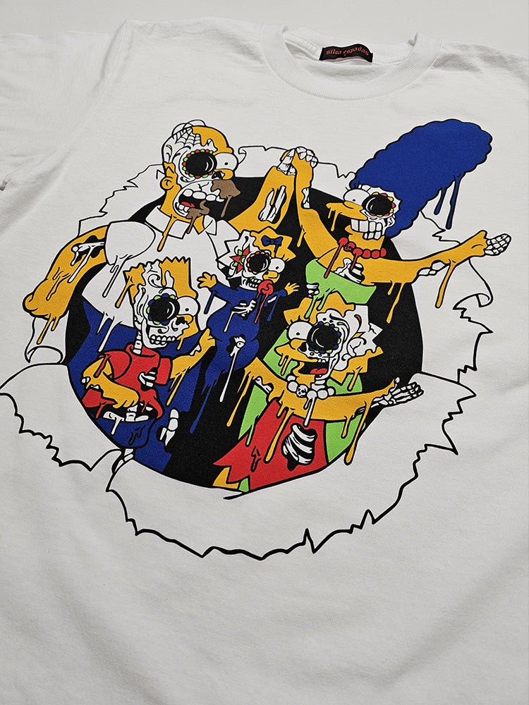 Close up of a tee with the simpsons characters in Dia de Los Muertos skulls theme
