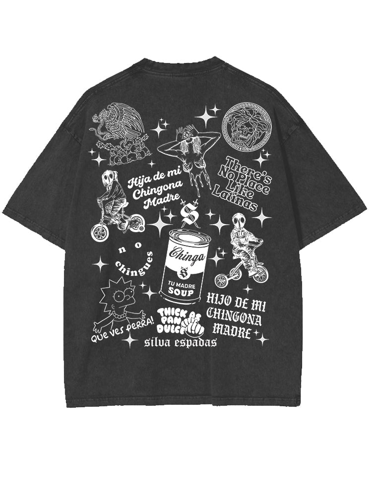 Black t-shirt with white graphic Latino-inspired designs and text on a white background