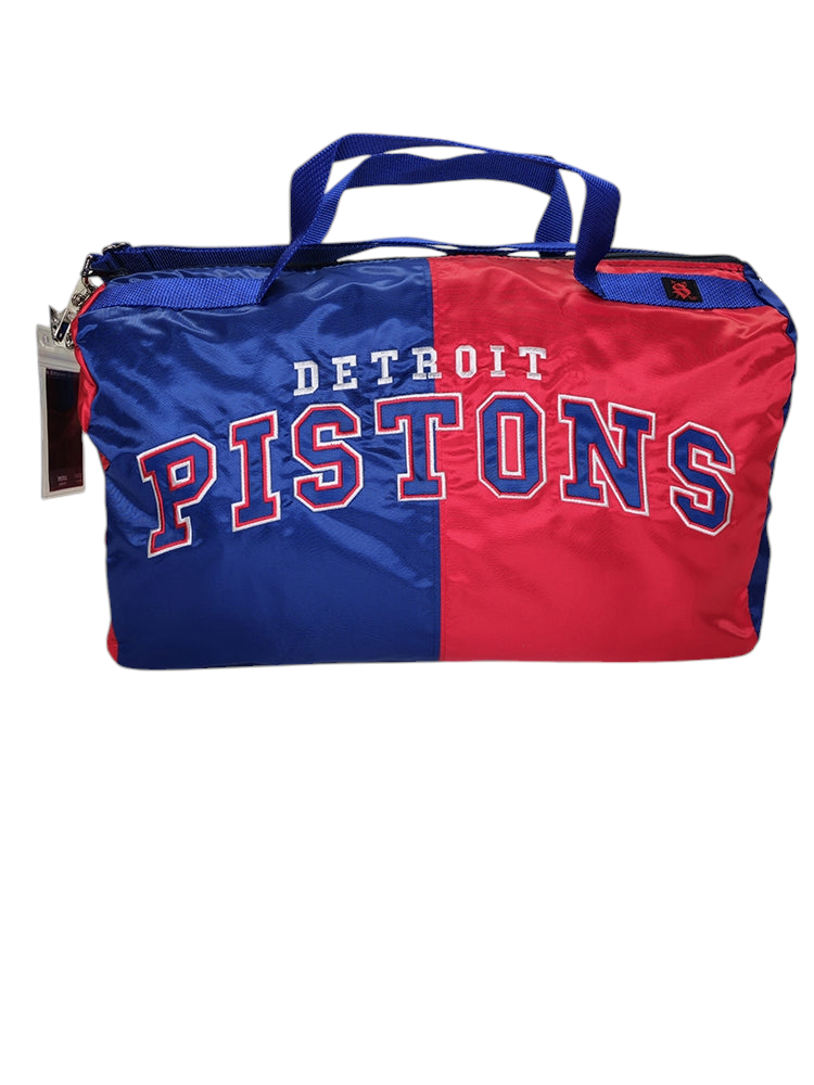 A custom handmade duffle bag made from a Detroit Pistons Starter jacket with the Pistons logo