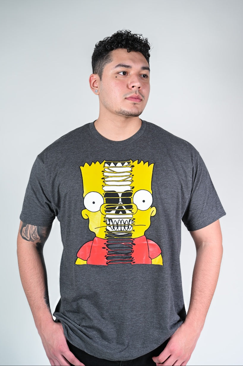 Person wearing Bart split skull graphic t-shirt by Silva Espadas