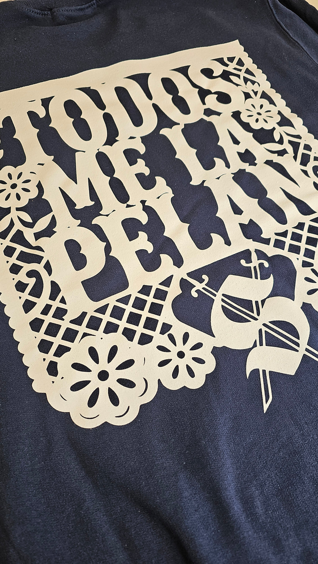 Navy blue fabric with beige cut-out lace design