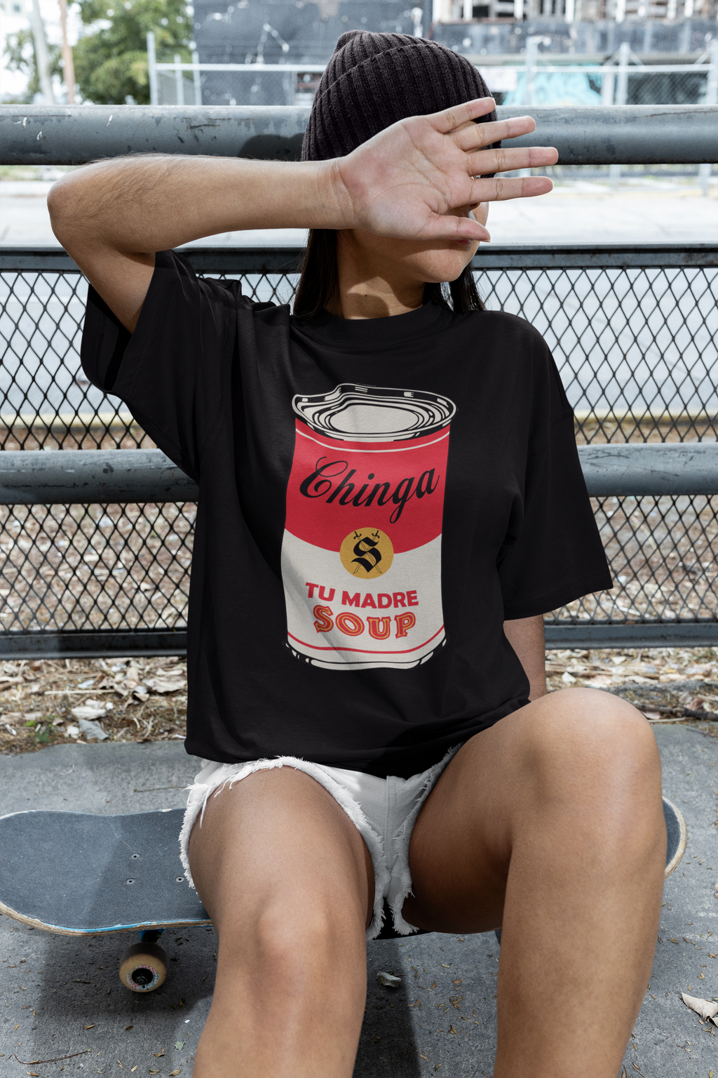 Silva Espadas Chinga Tu Madre Soup Tee styled in urban setting – Latino-owned fashion brand