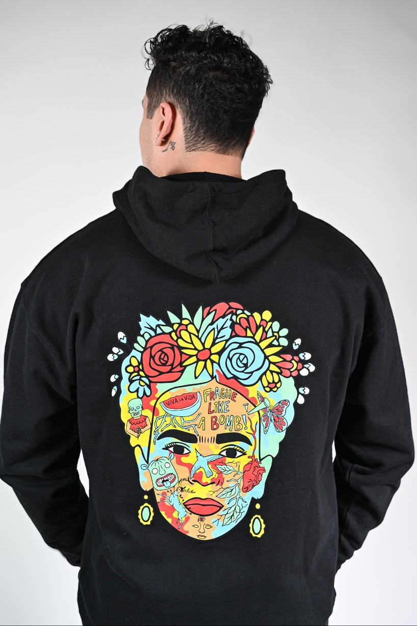 Model wearing Frida Hoodie – unisex Mexican-inspired streetwear by Silva Espadas