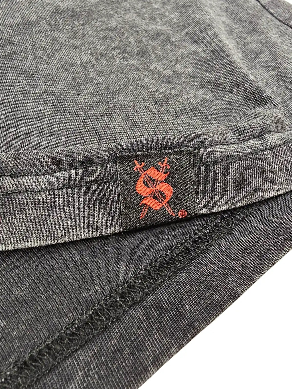 Gray fabric with an red logo on a white background