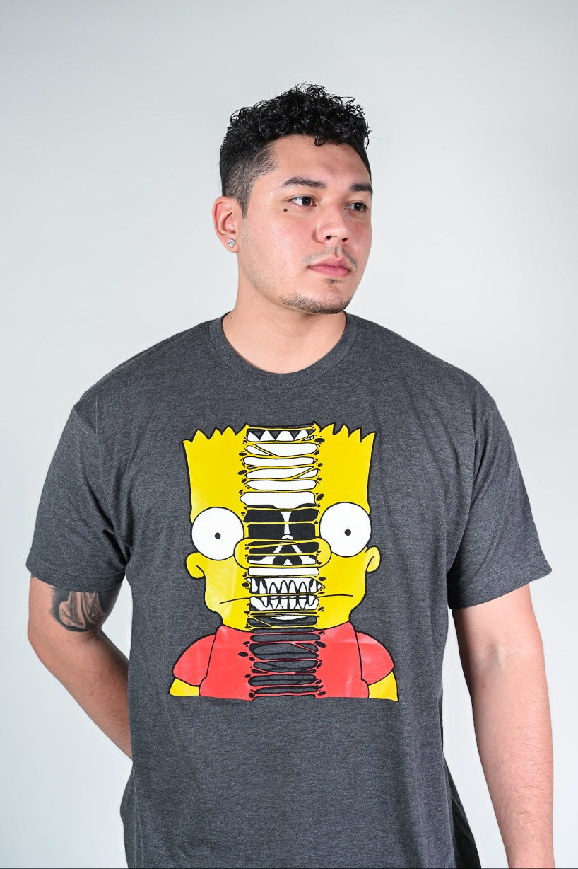 Person wearing a gray tee of Bart splitting apart revealing a skull on white backdrop
