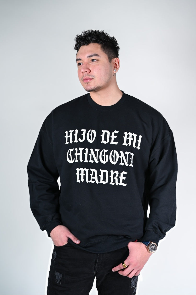 Model wearing Hijo De Mi Chingona Madre Crewneck – unisex Mexican-inspired streetwear by Silva Espadas