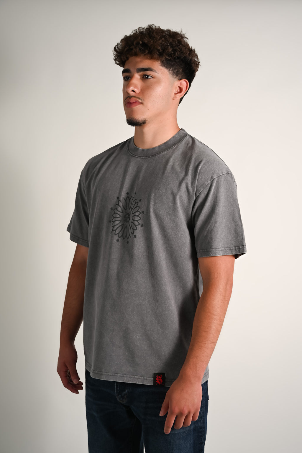Person wearing a gray acid wash t-shirt with a black design on a plain background
